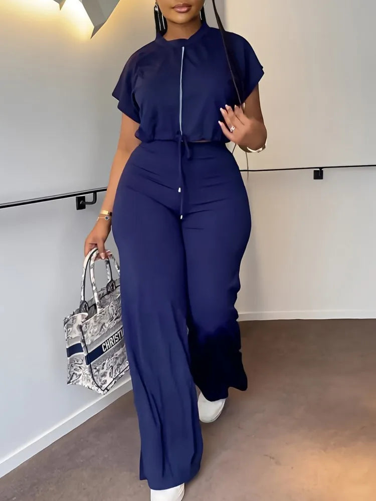 Femmes décontracté col rond cordon à manches courtes haut et taille haute pantalon ensemble été solide deux pièces costume ensembles tenues ensemble femme