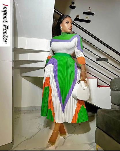 Ensemble haut et jupe plissée à manches longues et col mi-haut assortis, document d'impression ATA Yake, coupe couvertes, été, nouveau, 2024, 2 pièces