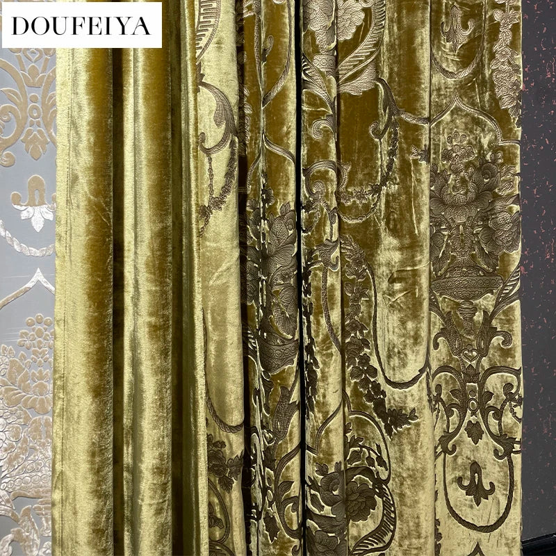 Rideaux occultants de luxe en feuille de velours de soie, estampage doré, pour salon, chambre à coucher, salle à manger, Nature, taille verticale personnalisée, Tulle blanc