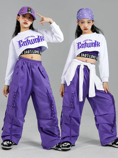Haut court K-pop pour filles, pantalons cargo, cardigan de danse de rue pour enfants, olympiques streetwear pour enfants, ensembles de vêtements de groupe de filles Jazz