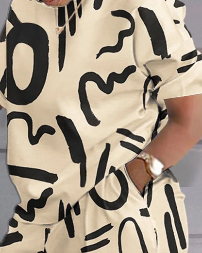 Ensemble deux pièces et short à poches pour femmes, t-shirt imprimé adt, short patchwork, col rond, blanc, décontracté, mode estivale