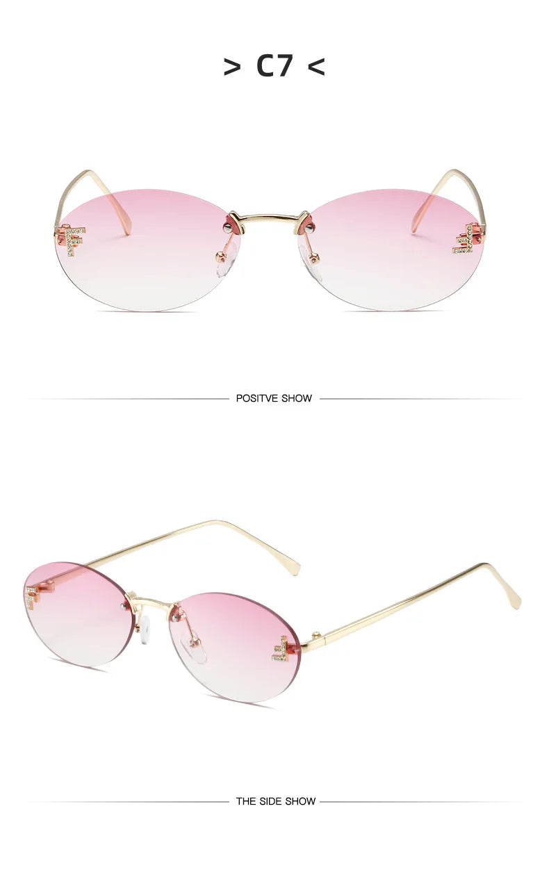 Lunettes de soleil noires sans bords avec petite lettre ovale en diamant «F» pour femmes, marque de luxe, monture métallique, lunettes de soleil Unsiex, nuances élégantes UV400