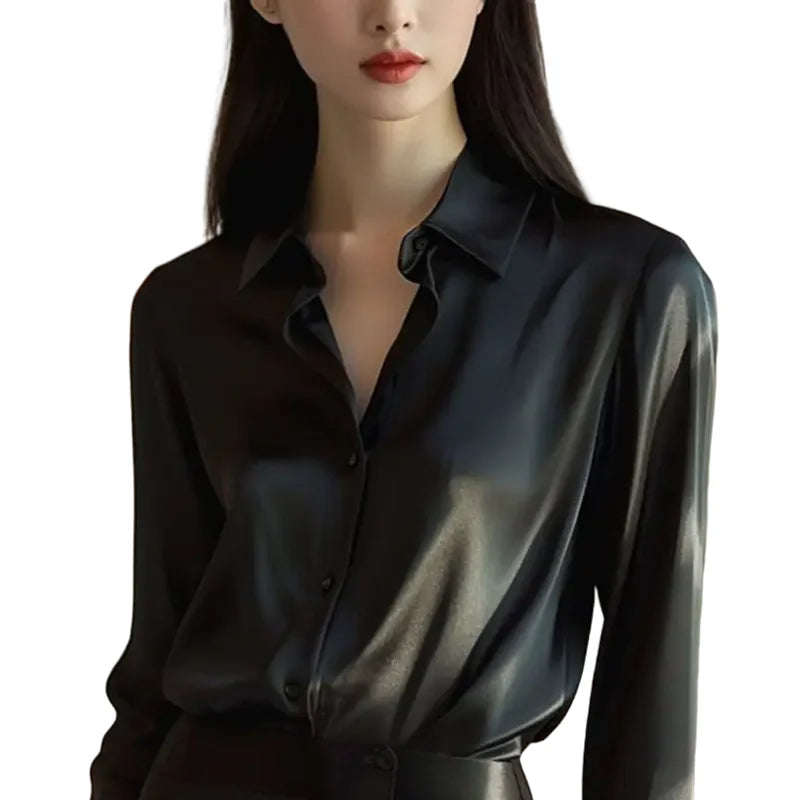Chemisiers boutonnés à col polo pour femmes, chemise noire française, manches longues, monochromatique, vêtements élégants, dames de bureau, printemps, automne