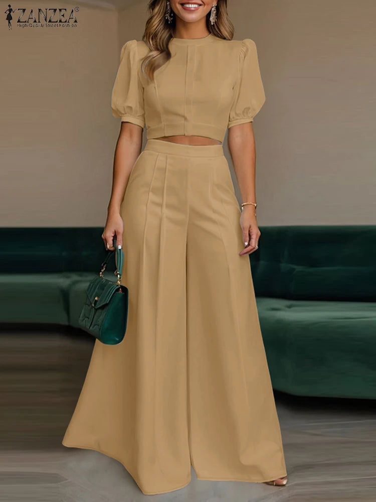 BS -  rue mode femme 2 pièces ensembles élégant manches courtes bouffantes haut court pantalon à jambes larges 2 pièces tenue élégant bureau pantalon ensembles
