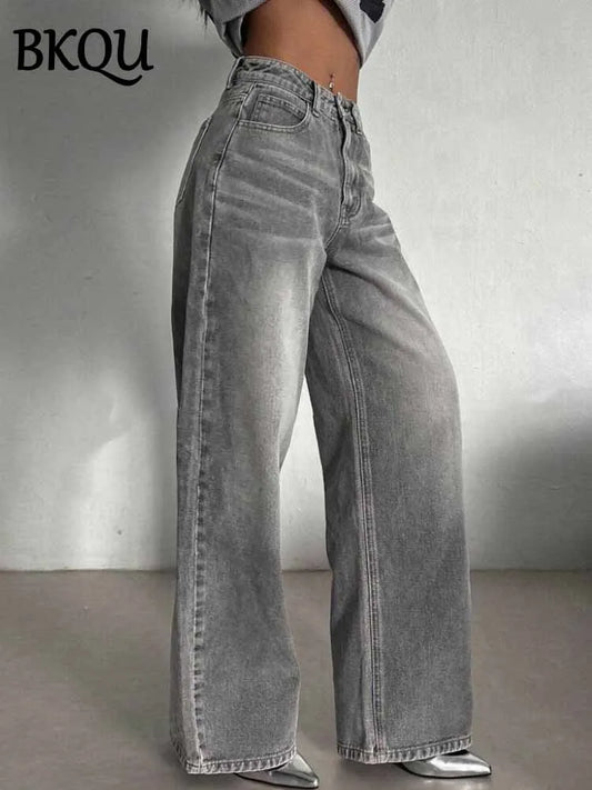 BKQU gris Vintage Baggy jean femme Streetwear taille haute Y2K jambe large Denim pantalon ample femme Hip Hop pantalon américain années 2000