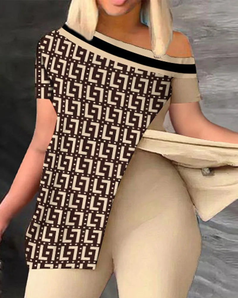 Ensemble deux pièces élégant pour femmes, nouvelle mode, imprimé, manches à volants, haut, pantalon de couleur unie, avec ceinture, chemisiers, vêtements féminins