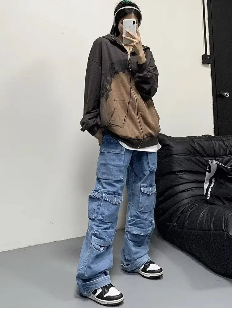 Jean Baggy à jambes larges pour femmes, pantalon Cargo multi-poches, nouvelle mode Harajuku Y2K, Streetwear, jean bleu délavé, 2025