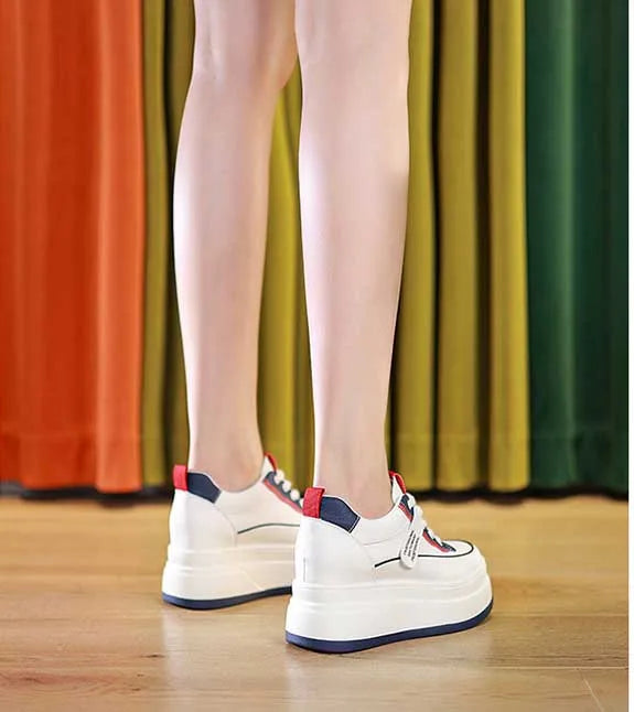 Fujin-Chaussures à l'offre elles compensées en cuir véritable pour femme, grosses chaussures blanches de 9cm, à la mode, automne et été