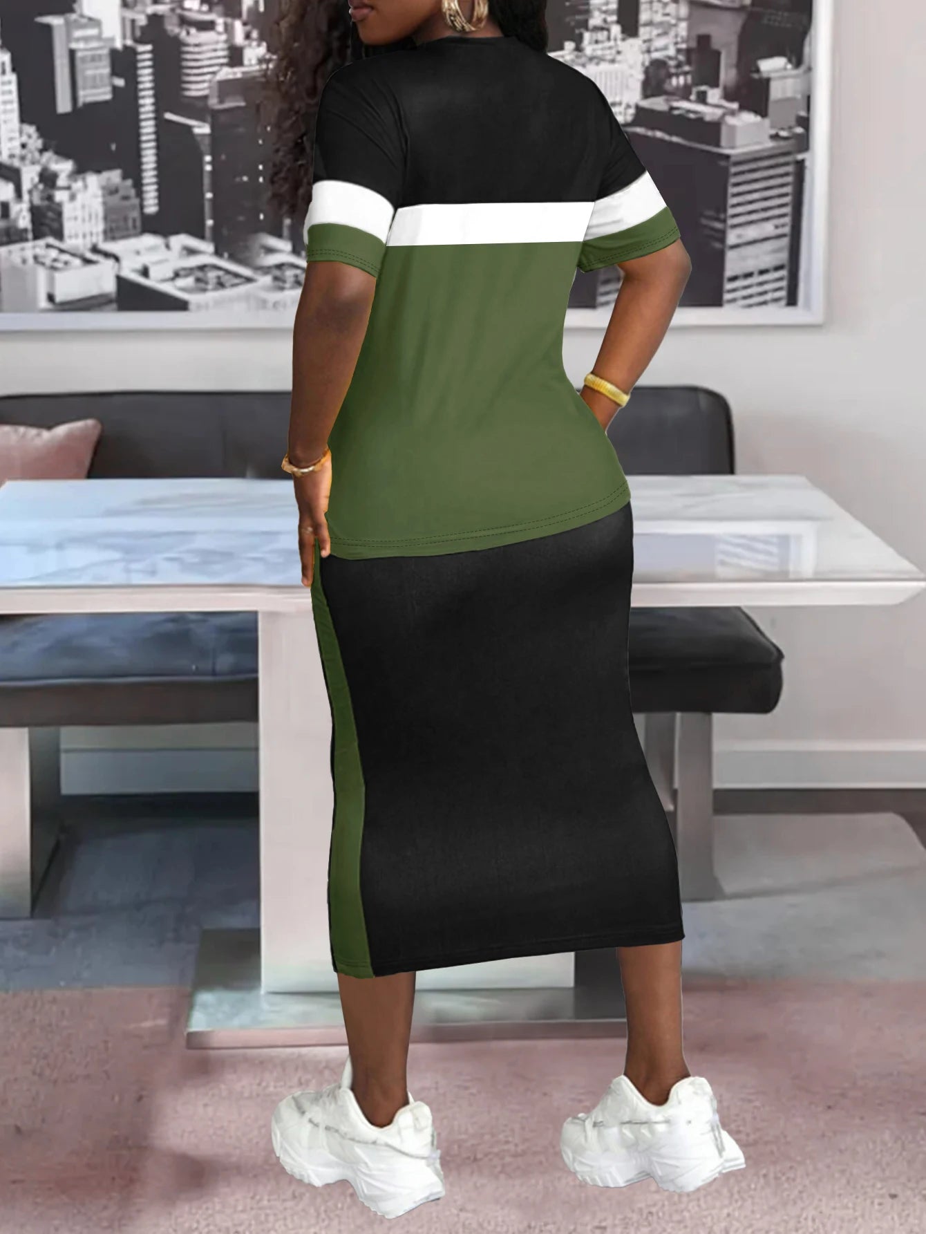 Ensemble demi-jupe d'été pour femmes, deux pièces, manches courtes, rayures latérales, ceinture de taille réglable, ample, décontracté, respirant, polyvalent