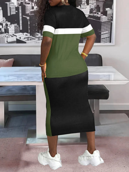 Ensemble demi-jupe d'été pour femmes, deux pièces, manches courtes, rayures latérales, ceinture de taille réglable, ample, décontracté, respirant, polyvalent