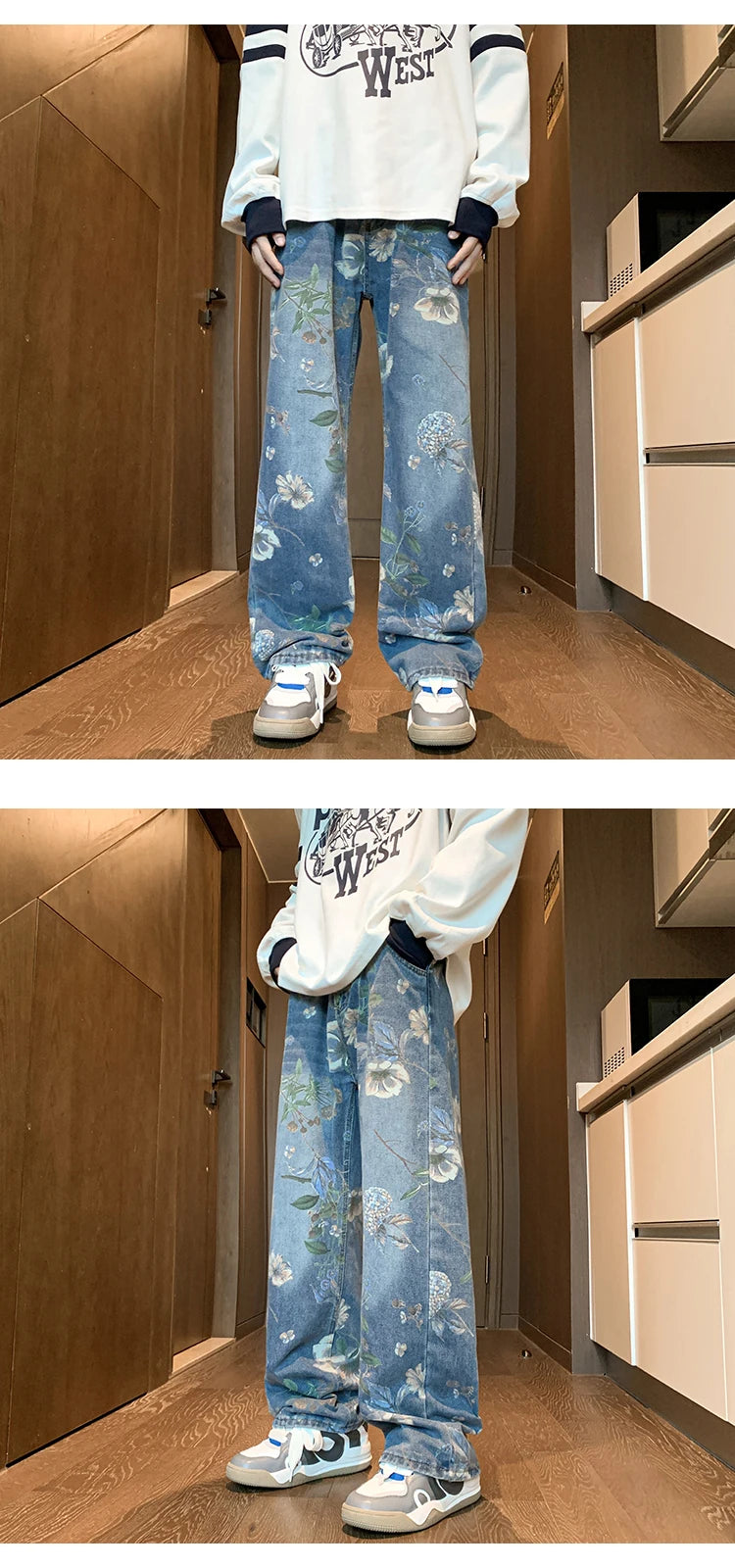 PO gy-Jean à imprimé floral pour homme, pantalon en denim, jambe large, style coréen, rue haute, adt fjHop, automne, 2024