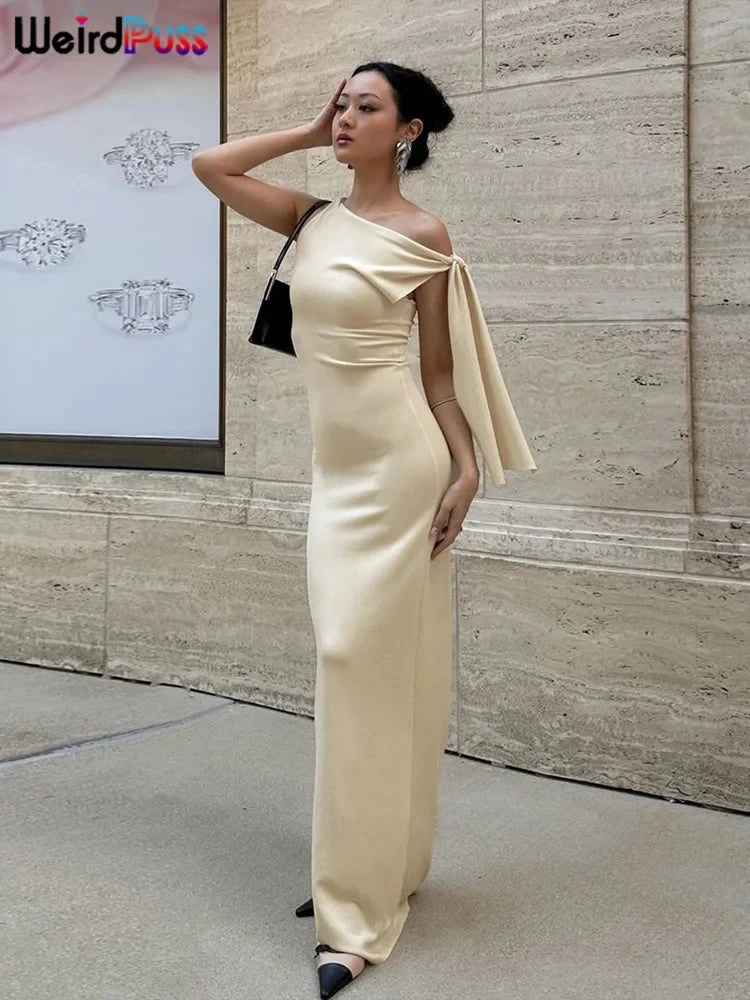 Bizarre chat une épaule robe femme été Sexy solide élégant noeud pansement sans manches moulage Simple fête maigre robes