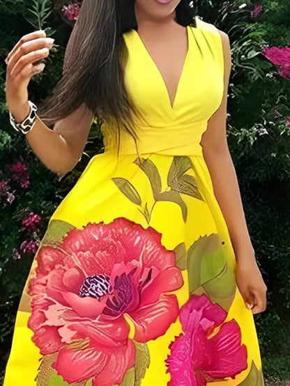 UOOZEE femmes Vintage élégant imprimé fleuri soirée Maxi robes 2025 nouvel été sans manches taille haute a-ligne robe de soirée