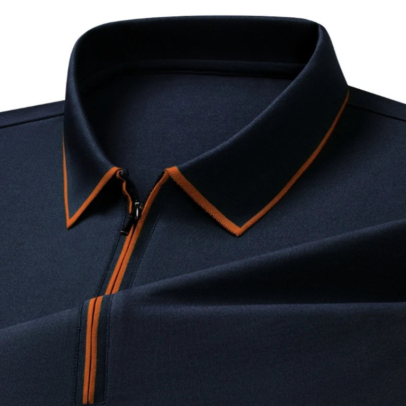 Polo en soie à fermeture éclair pour hommes, T-Shirt à manches courtes en mûrier avec fermeture éclair en métal, col montant, haut d'été décontracté de luxe en coton et lin