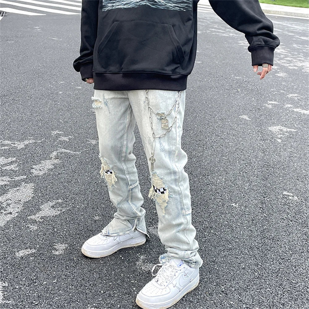 Jean à jambes larges pour homme et femme, streetwear, décontracté, déchiré, troué