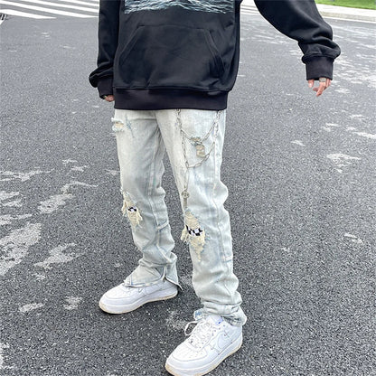 Jean à jambes larges pour homme et femme, streetwear, décontracté, déchiré, troué