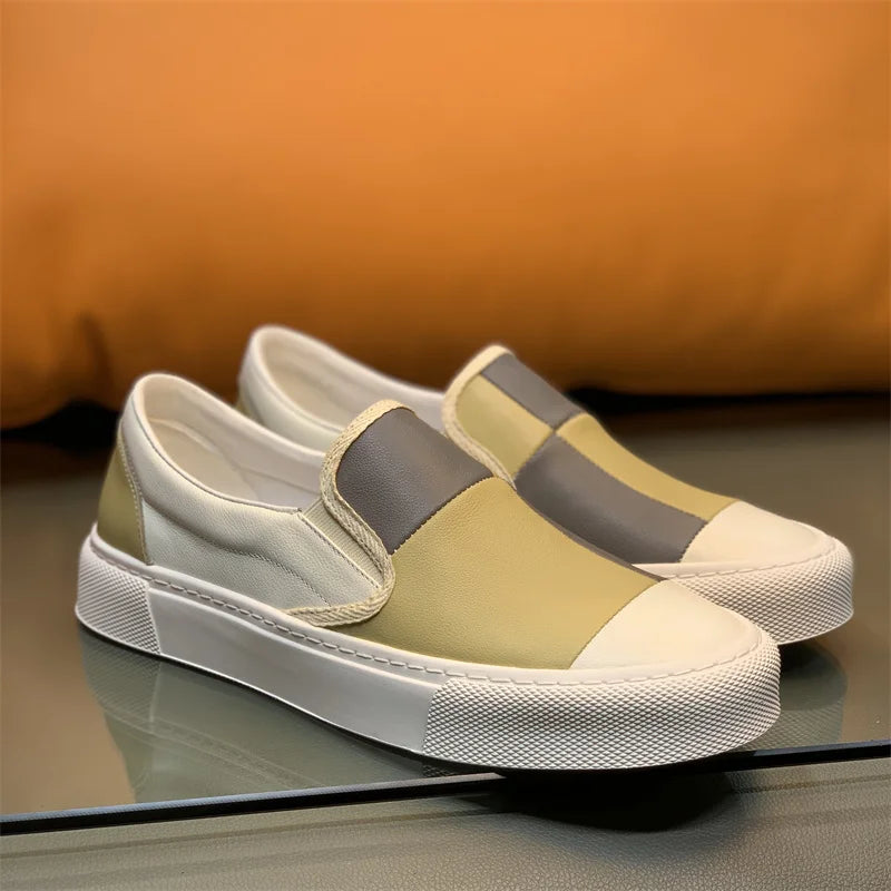 Printemps nouveaux hommes en cuir à semelles épaisses simples et à la mode couleur bloqué chaussures décontractées