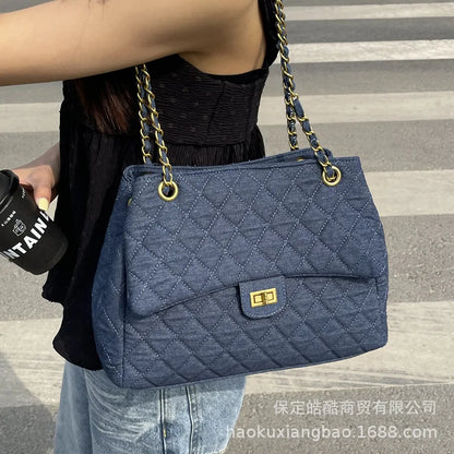 Sac à bandoulière en chaîne en Denim tendance, polyvalent, à motifs de diamants, forme carrée douce, Style minimaliste neutre, Linin en Polyester