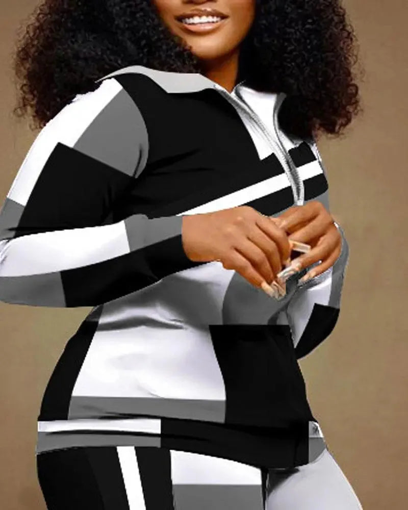 Ensemble de pantalons longs droits pour femmes, fermeture éclair imprimée, col montant, gaine, manches longues, décontracté, automne, hiver, 2024