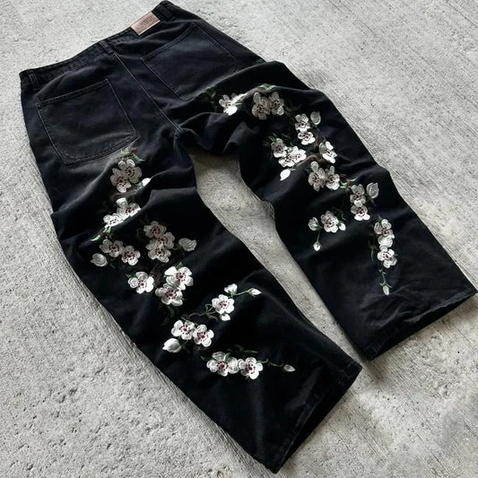 Y2K Baggy Jeans Harajuku vintage fleur de cerisier broderie haute qualité jeans streetwear Hip Hop gothique hommes femmes jeans à jambes larges