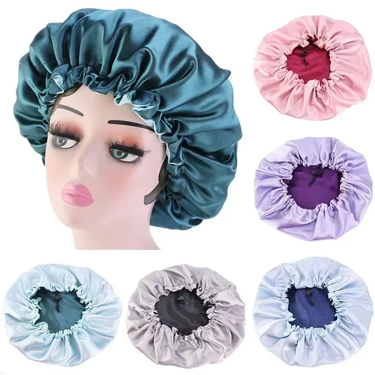 Bonnet en Satin réversible pour cheveux, Double couche réglable, couvre-tête pour dormir, accessoires de coiffure bouclés et élastiques