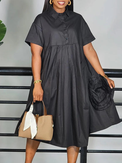 Robe chemise à manches courtes pour femmes, couleur unie, jupe trapèze, élégante, décontractée, Maxi, pour printemps et automne, mode été