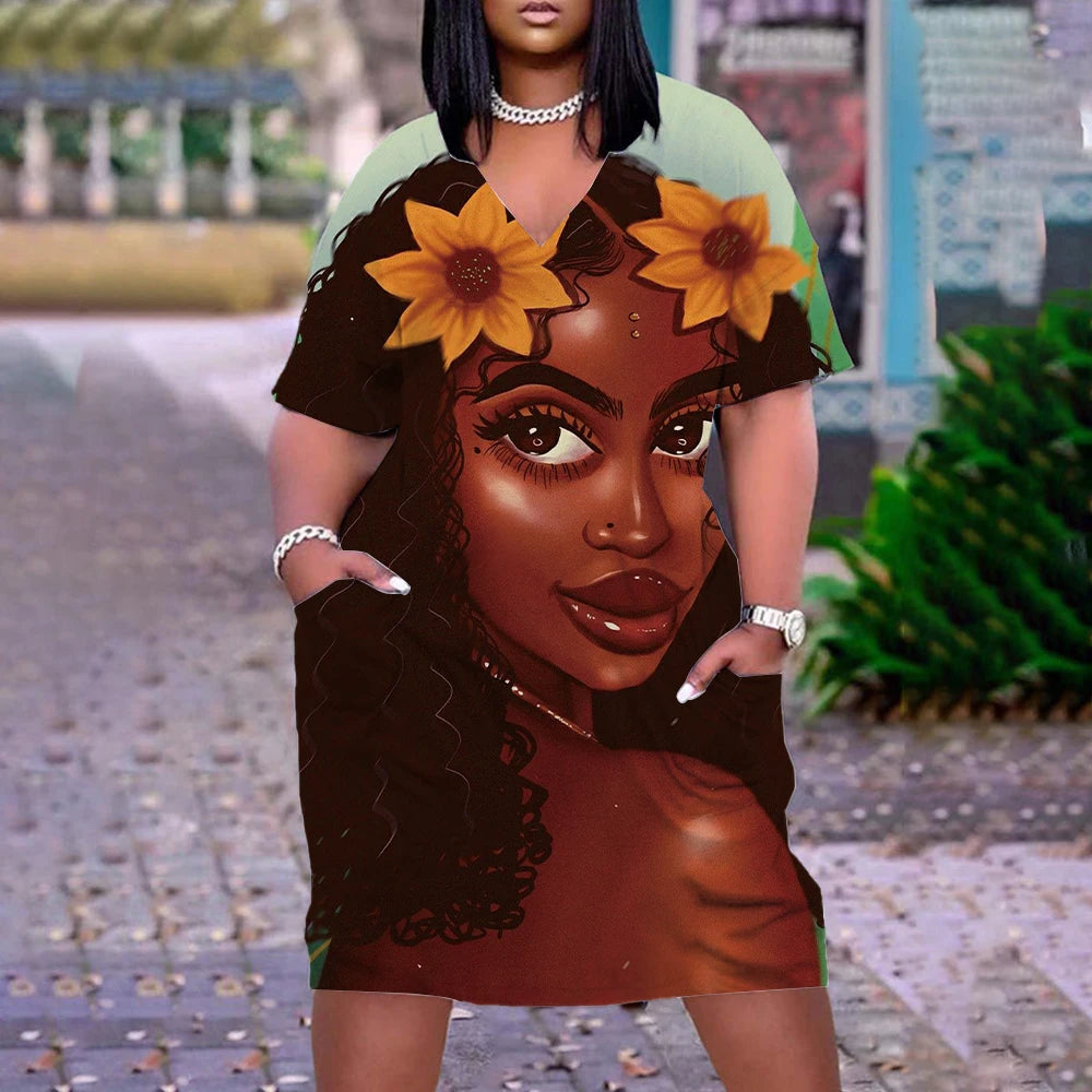 Robe d'été imprimée portrait 3D pour femmes, mode bohème, manches courtes, midi, col en v, vêtements de plage, vintage