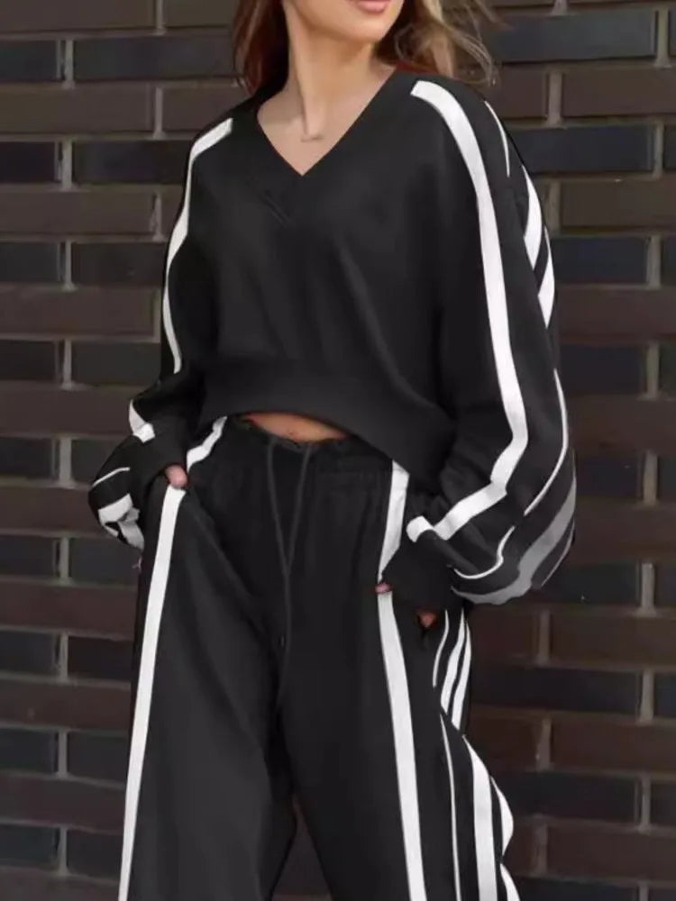 Ensemble 2 pièces pour femmes, haut court à manches longues, col en v + pantalon à jambes larges, avec poches bloquées de couleur, ample, nouvelle mode automne