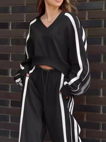 Ensemble 2 pièces pour femmes, haut court à manches longues, col en v + pantalon à jambes larges, avec poches bloquées de couleur, ample, nouvelle mode automne