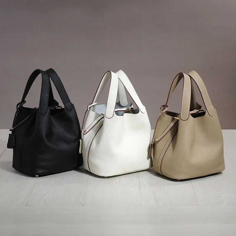 Sac à lunch en cuir de vachette véritable, panier alimentaire E27, sac à main de pique-nique Amazon, poignée supérieure souple, 2024 importé