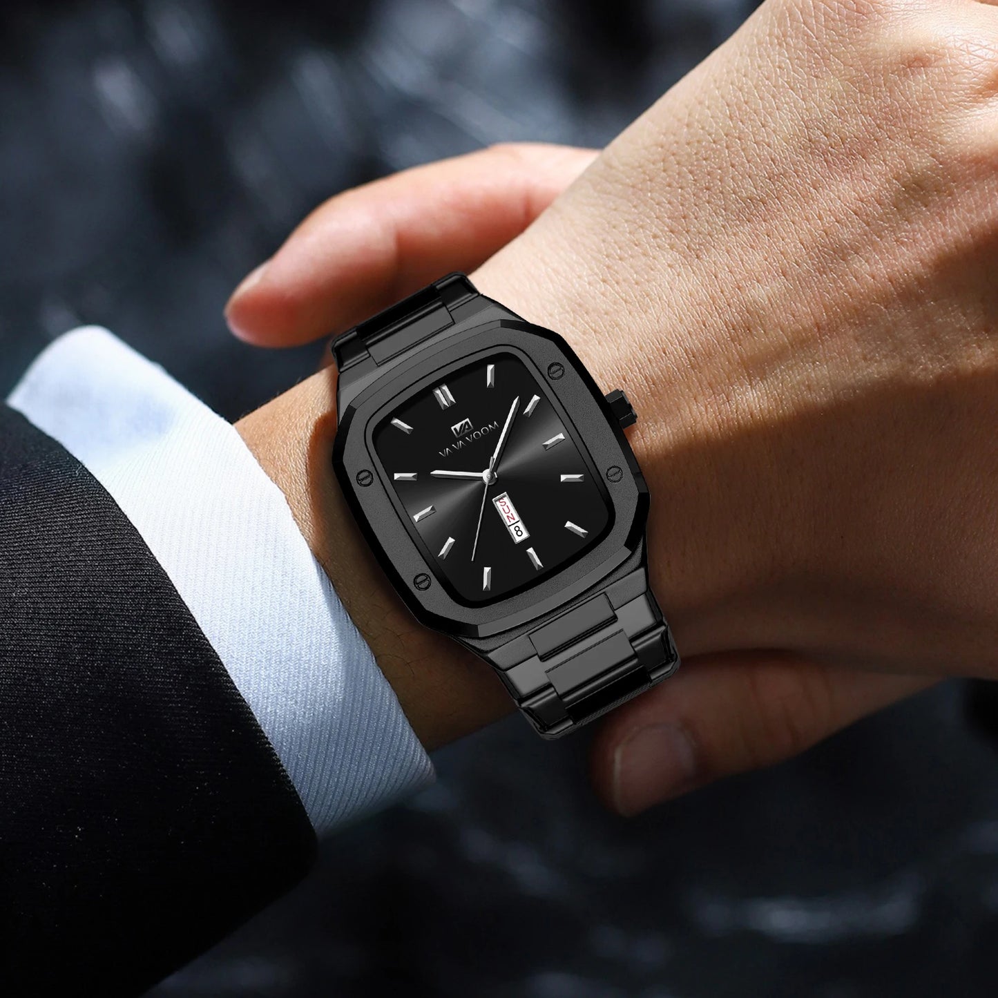 2024 Nouveaux hommes montre mode carré bracelet en acier inoxydable bleu or 3Bar Quartz semaine calendrier simulé affaires sport montre-bracelet