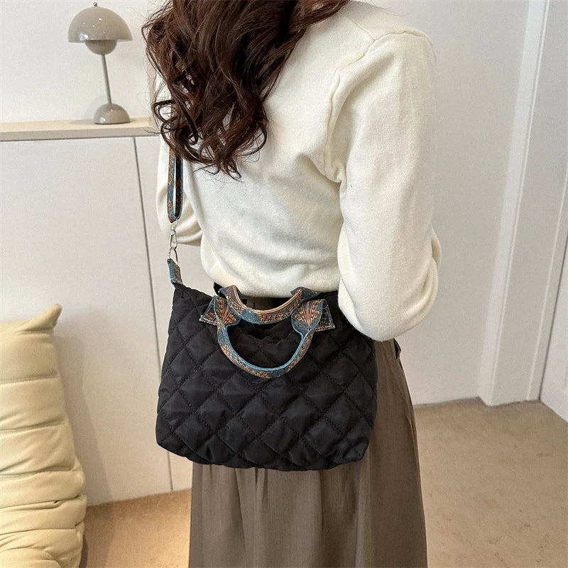 Sac à main à large ceinture pour femmes, automne/hiver, espace losange, sac à bandoulière en coton, grande capacité, fourre-tout de Shopping assorti