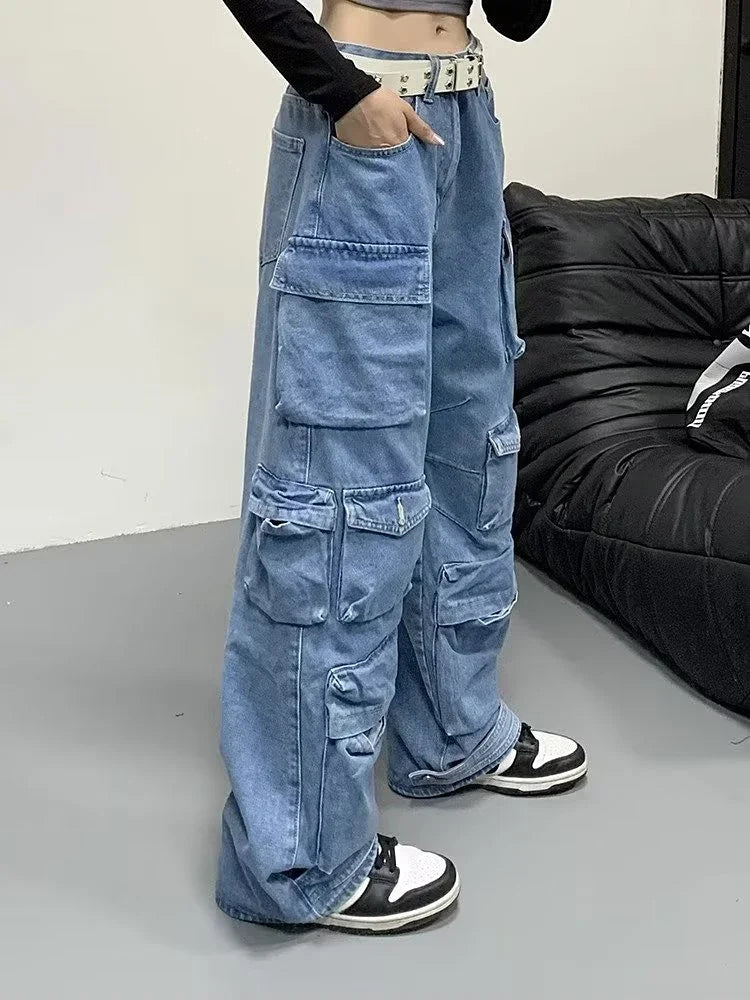 Jean Baggy à jambes larges pour femmes, pantalon Cargo multi-poches, nouvelle mode Harajuku Y2K, Streetwear, jean bleu délavé, 2025