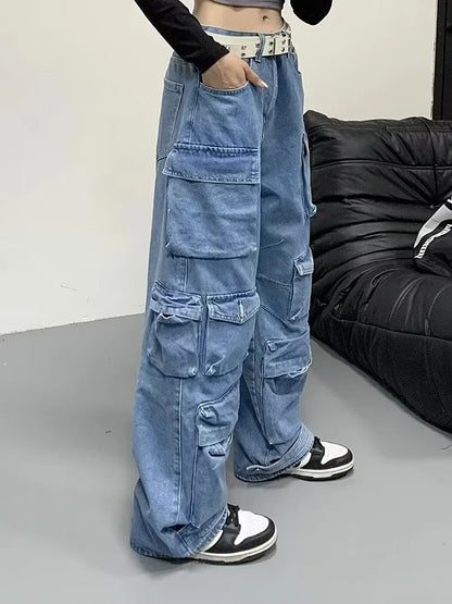 Jean Baggy à jambes larges pour femmes, pantalon Cargo multi-poches, nouvelle mode Harajuku Y2K, Streetwear, jean bleu délavé, 2025