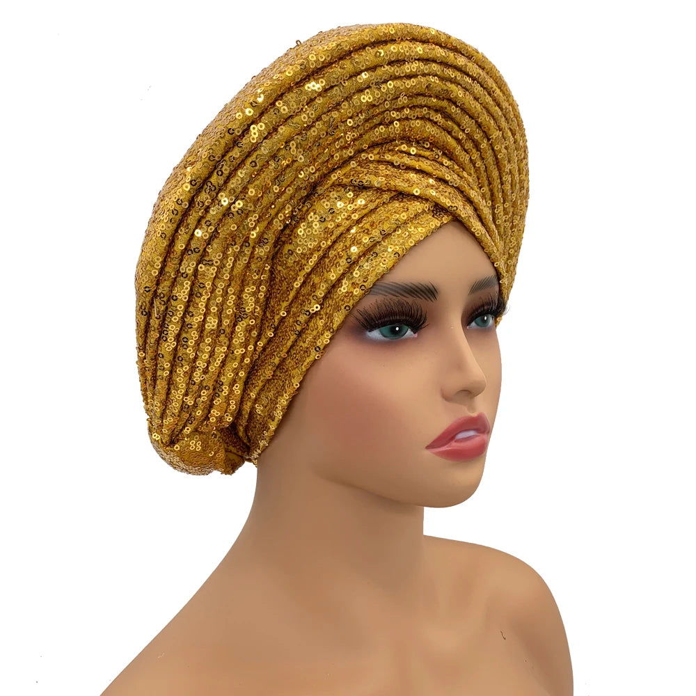 Paillettes Autogele Turban casquette pour femmes prêt africain Auto Gele casque Nigeria mariage Geles femme bandeau dame casque