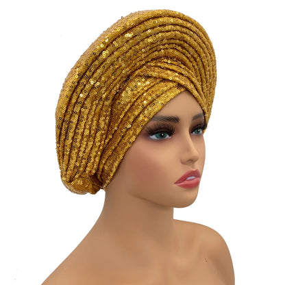 Paillettes Autogele Turban casquette pour femmes prêt africain Auto Gele casque Nigeria mariage Geles femme bandeau dame casque