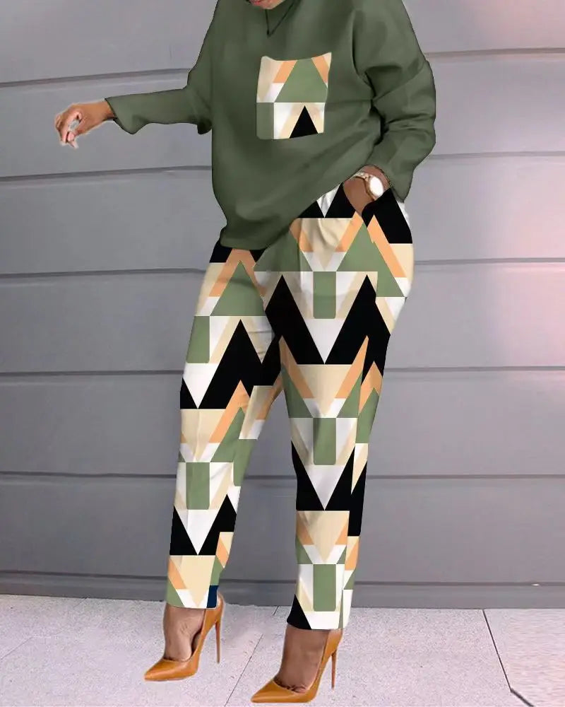 Ensemble deux pièces imprimé pour femmes, t-shirt à manches longues, col rond, chemise épissure, taille haute, costumes pour dame de bureau, automne