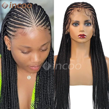 Perruque tressée synthétique Cornrow Box, perruques Full Lace Front, tresses tribales, perruque tressée Jgreeting Box, perruque tressée Faux Locs sans nœuds, 36 po