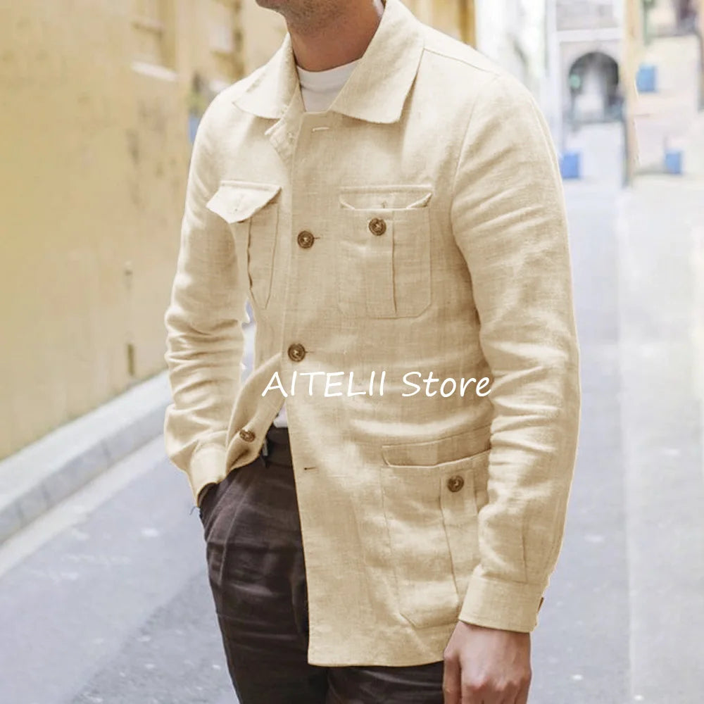 Blazers pour homme costume vestes lin léger décontracté quatre poches revers hommes veste simple boutonnage costumes mode Blazer vêtements
