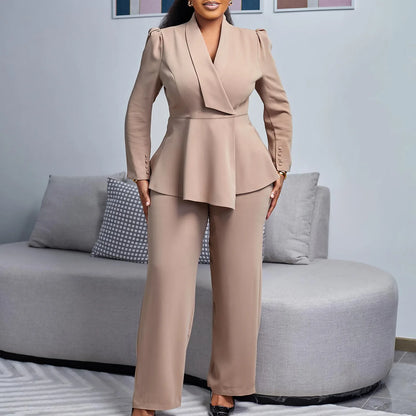 BERAKAH SUPRÊME - Femmes deux pièces ensemble élégant manches longues hauts taille haute pantalon pantalon modeste Peplum bureau dames vêtements de travail costume d'affaires nouveau