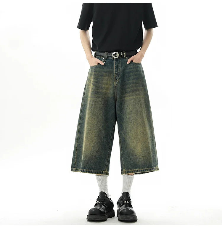 Short en Denim Baggy pour hommes, mode rétro décontractée, ample, jambes larges, longueur mollet, Streetwear Y2K, Style coréen