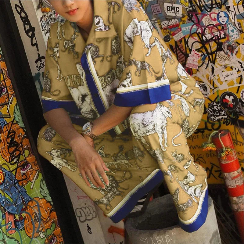 INCERUN hommes ensembles impression Patchwork revers manches courtes chemise et pantalon deux pièces ensembles été ample vacances décontracté hommes costumes