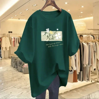 T-shirt manches courtes col rond femme, pur coton, imprimé floral, basique, décontracté, à la mode, été, chic, 45-105 noix