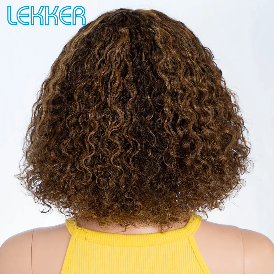 Lekker couleur courte Pixie Afro crépus bouclés Bob 100% perruques de cheveux humains avec frange pour les femmes brésilien Remy cheveux Ombre brun perruques