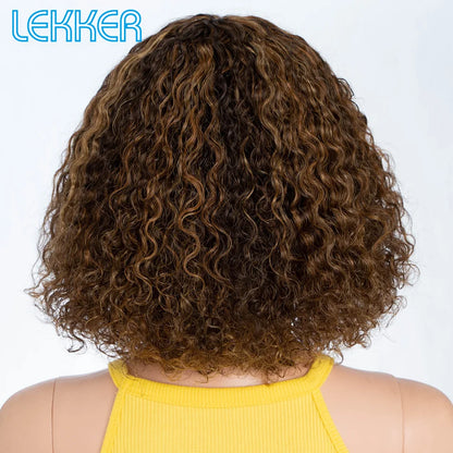 Lekker couleur courte Pixie Afro crépus bouclés Bob 100% perruques de cheveux humains avec frange pour les femmes brésilien Remy cheveux Ombre brun perruques