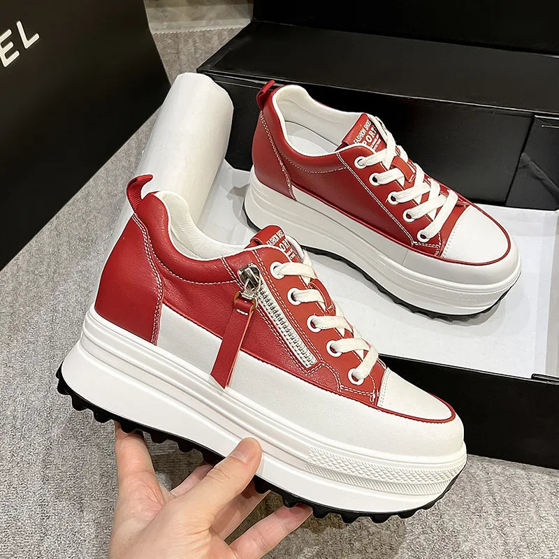 Fujin 7 cm en cuir véritable femmes chaussures décontractées 7 cm plate-forme compensée femme mode baskets gros printemps automne chaussures été