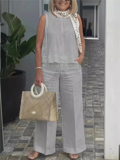 Costumes simples en coton et lin pour femmes, mode d'été, chemisier ample sans manches, pantalon à jambes larges, ensemble deux pièces pour femmes, tenues décontractées