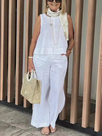 Costumes simples en coton et lin pour femmes, mode d'été, chemisier ample sans manches, pantalon à jambes larges, ensemble deux pièces pour femmes, tenues décontractées