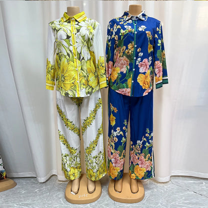 Chemise Vintage décontractée à imprimé Floral pour femmes, col rabattu, pantalon ample, chemisier, ensemble deux pièces, tenues de vacances printemps et été