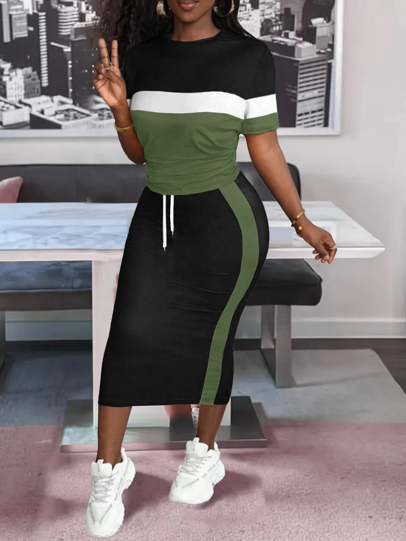 Ensemble demi-jupe d'été pour femmes, deux pièces, manches courtes, rayures latérales, ceinture de taille réglable, ample, décontracté, respirant, polyvalent